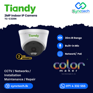 The Tiandy TC-C320N 2MP IP Camera delivers Full HD video, 30m IR night vision, built-in audio, motion detection, and PoE support. Its durable plastic housing and 2.8mm lens make it perfect for reliable indoor or sheltered outdoor security in Sri Lanka.